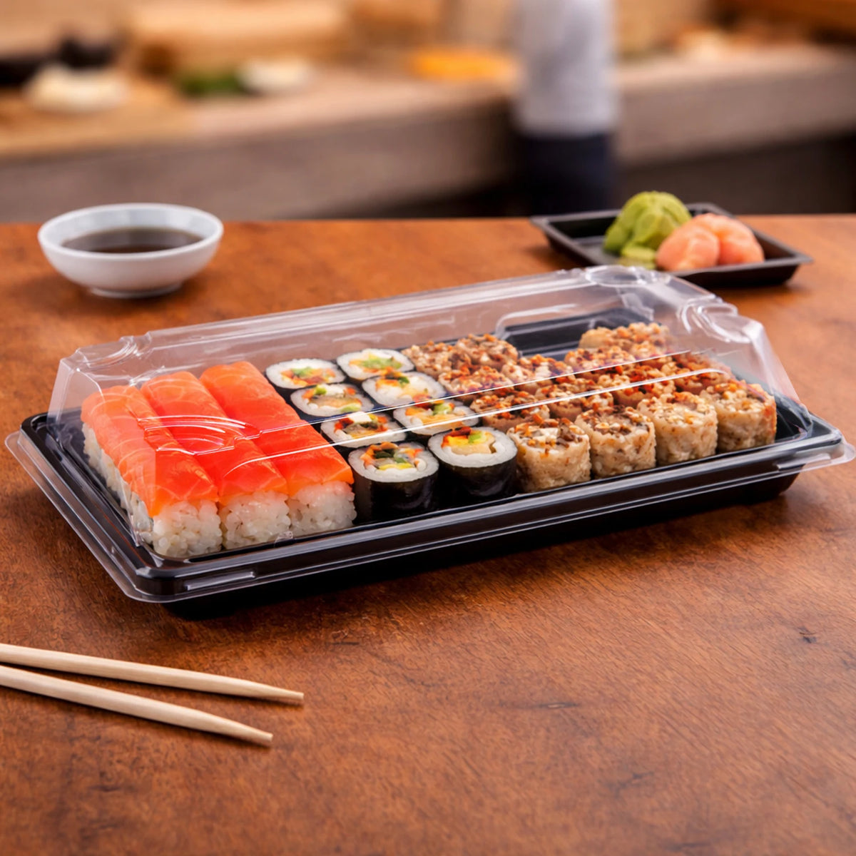 Sushi-Schale (PP/rPET) schwarz 240 x 147 x 45 mm + Deckel